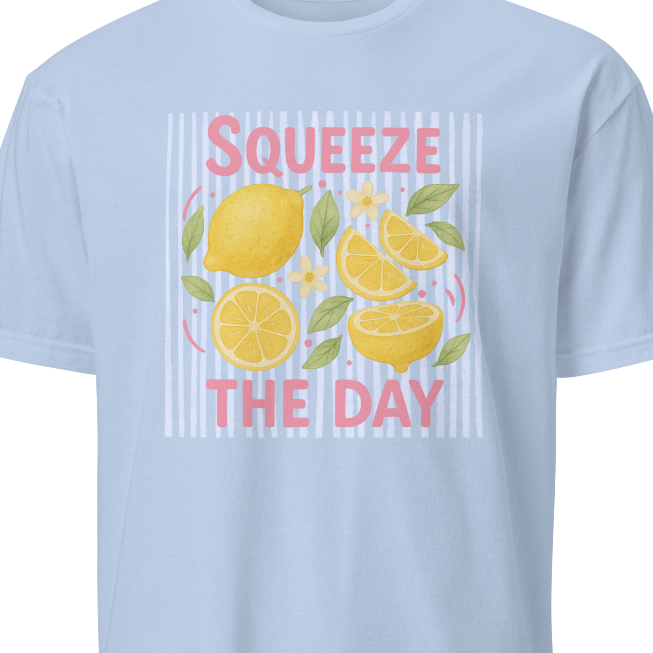 Light blue t-shirt with lemon graphic and text 'Squeeze The Day' 