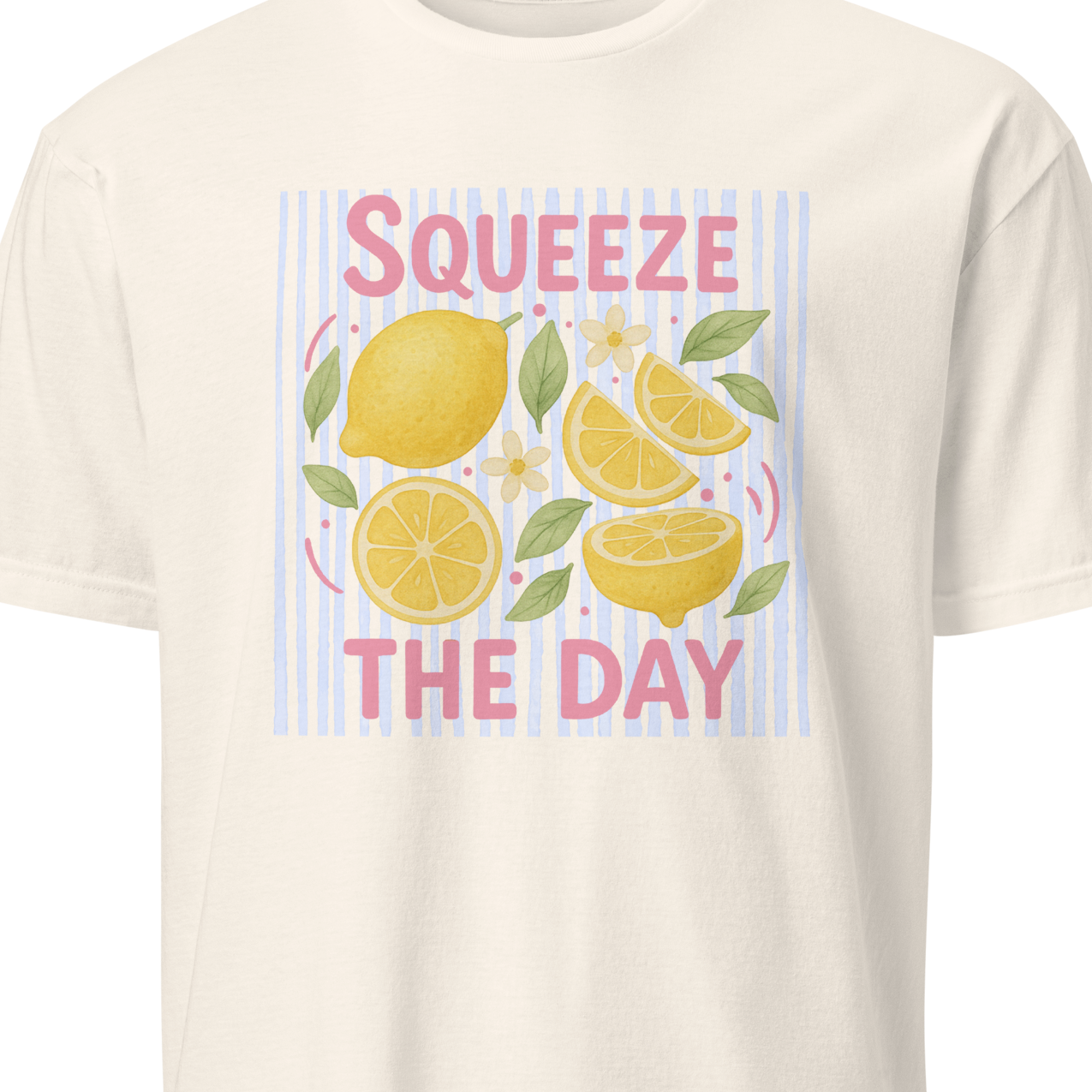 Beige t-shirt with lemon graphic and text 'Squeeze The Day' 