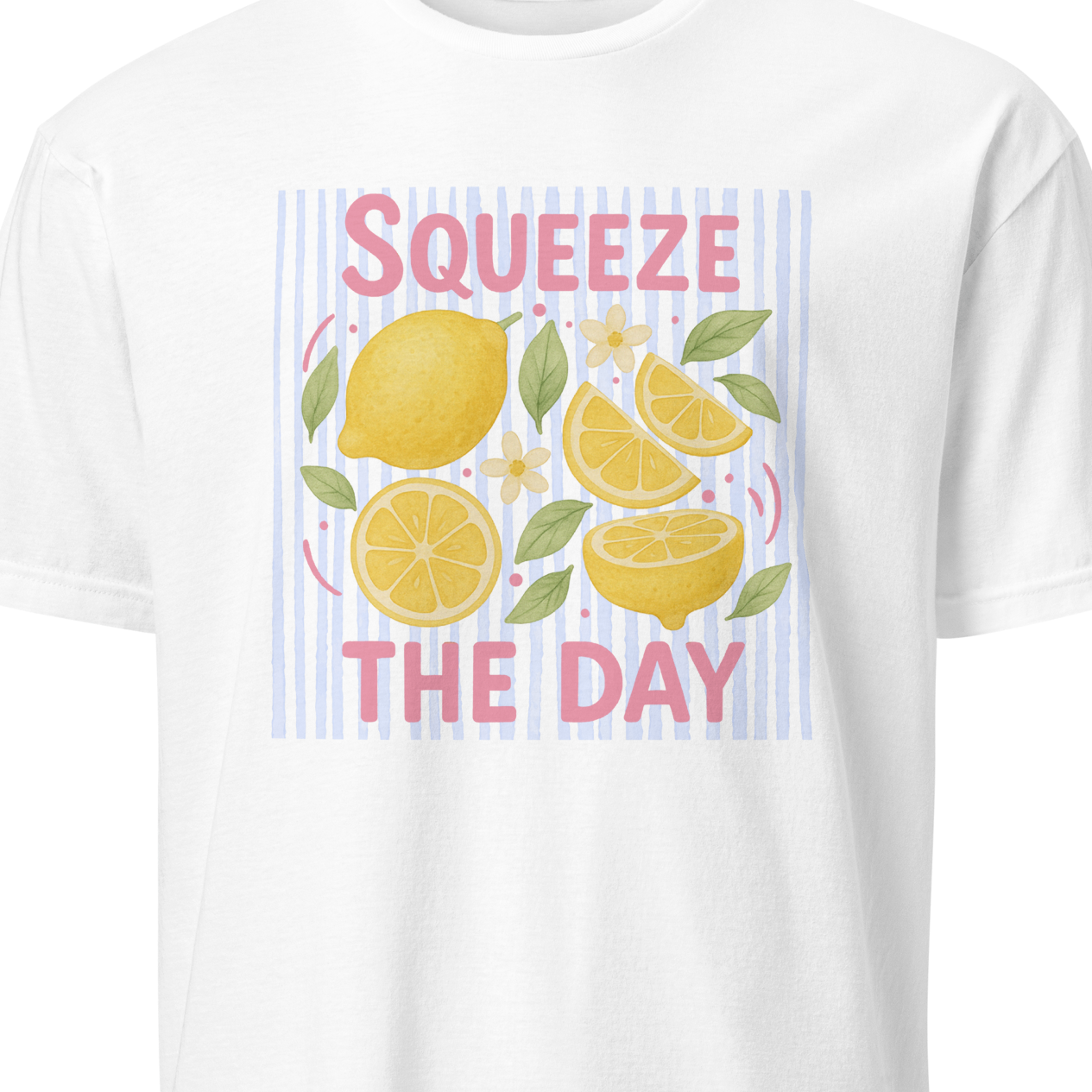 White t-shirt with lemon graphic and 'Squeeze the Day' text 