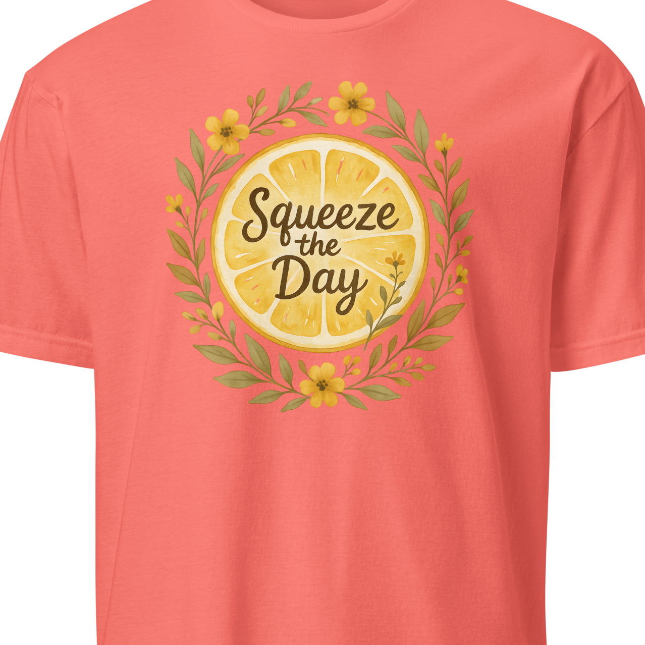 Coral t-shirt with lemon graphic and 'Squeeze the Day' text 