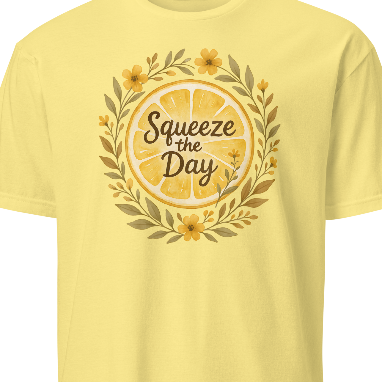 Yellow t-shirt with 'Squeeze the Day' design