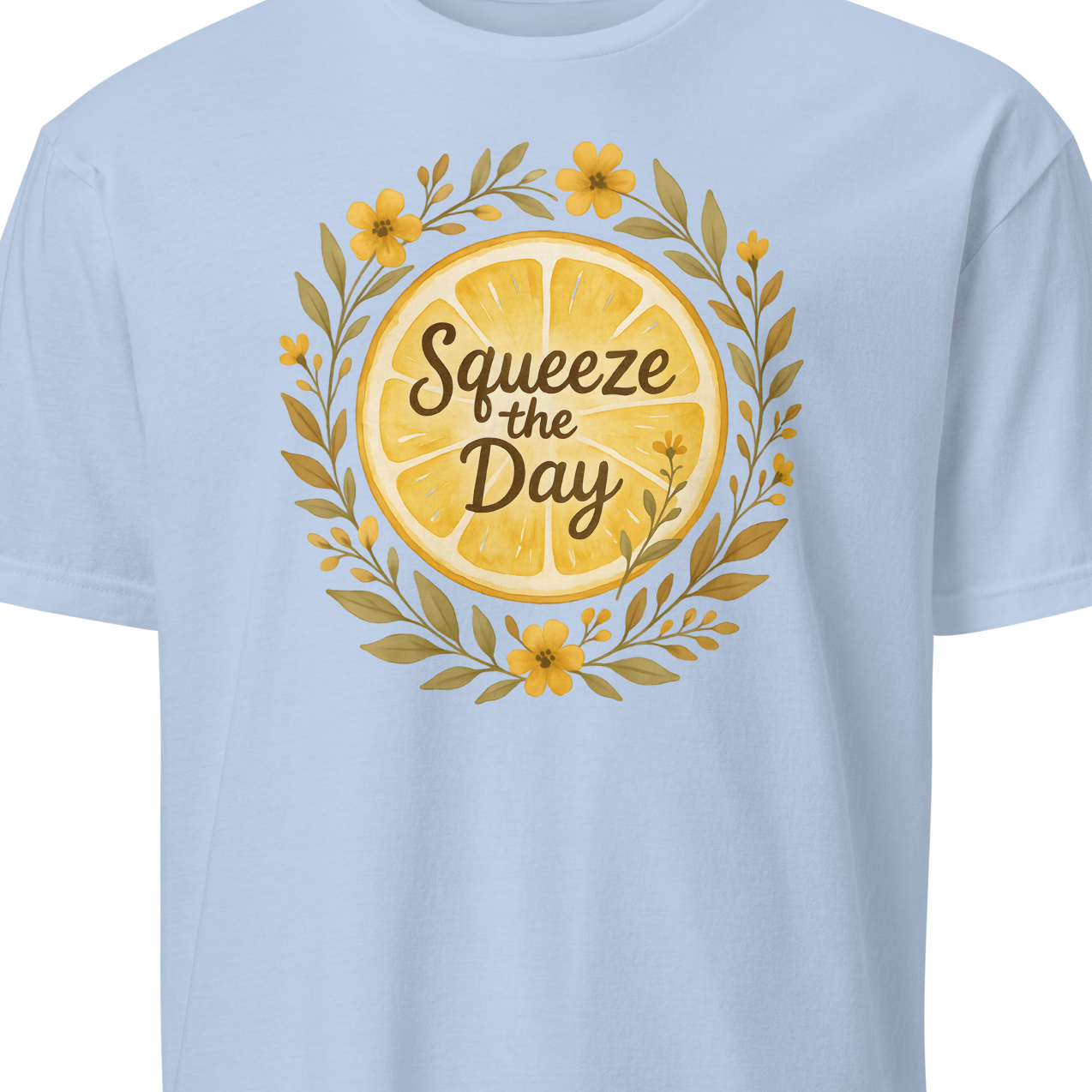 Light blue t-shirt with lemon graphic and 'Squeeze the Day' text 