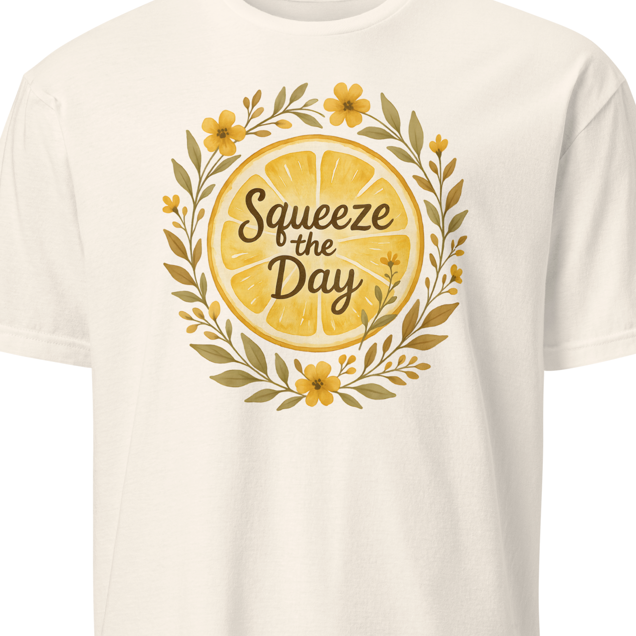 White t-shirt with lemon graphic and 'Squeeze the Day' text