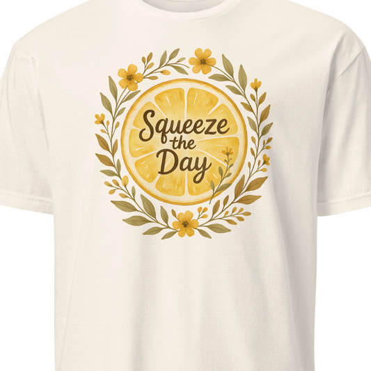 White t-shirt with lemon graphic and 'Squeeze the Day' text