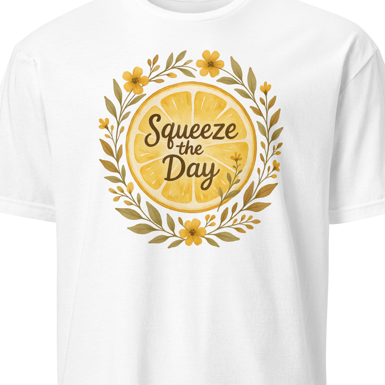 White t-shirt with a lemon graphic and 'Squeeze the Day' text 