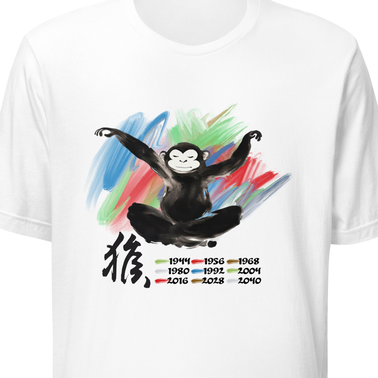 White t-shirt with a monkey graphic and colorful design on a white background