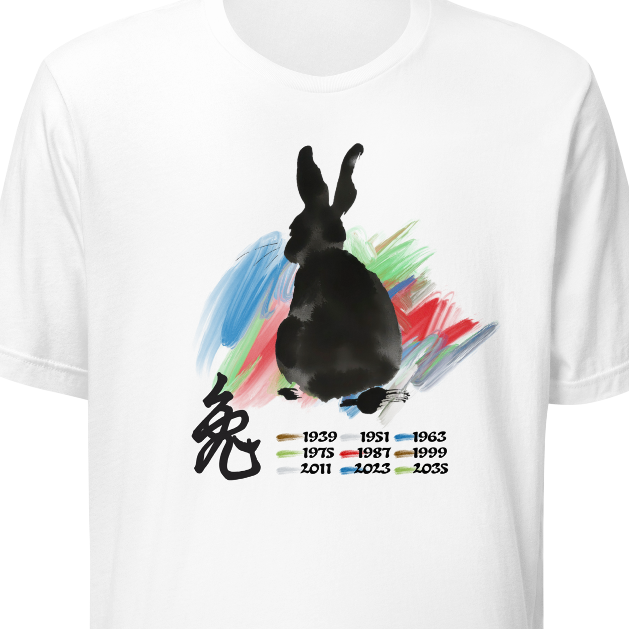 White t-shirt with a black rabbit graphic and colorful abstract design on a white background