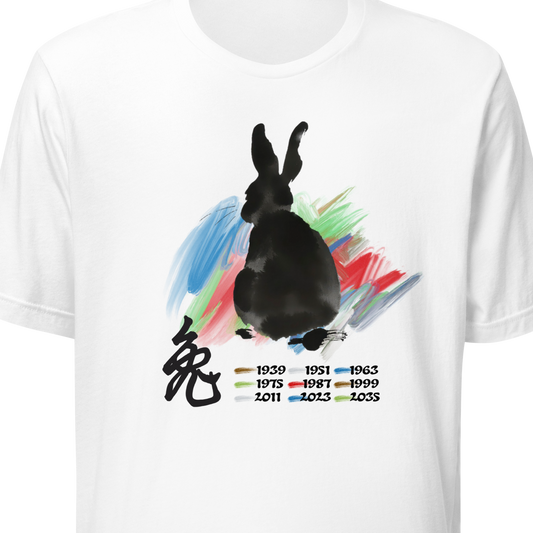 White t-shirt with a black rabbit graphic and colorful abstract design on a white background