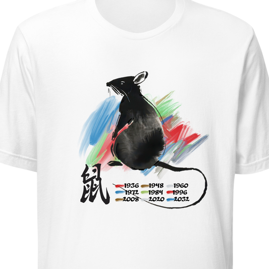 White t-shirt with a colorful rat illustration and Chinese characters on a white background