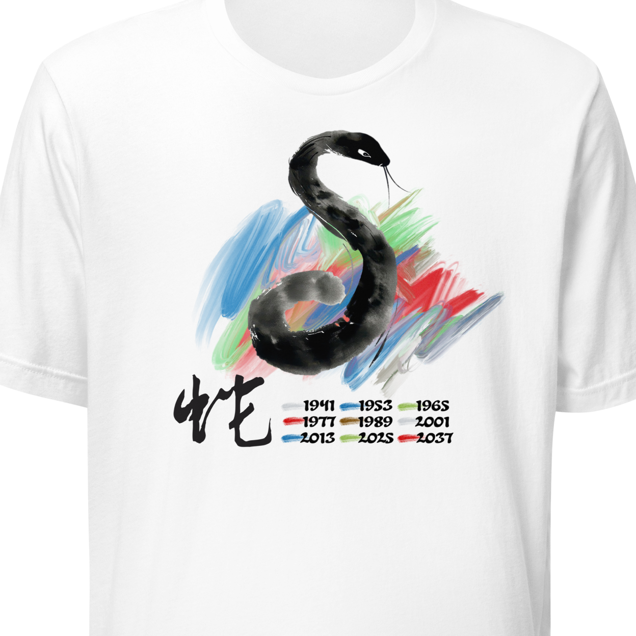 White t-shirt with a black snake design and colorful elements on a white background