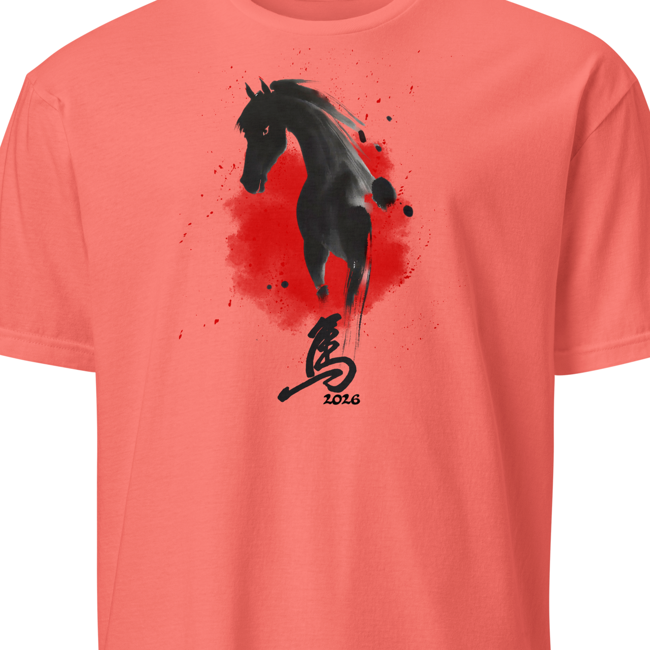 Coral t-shirt with black horse graphic and red splash