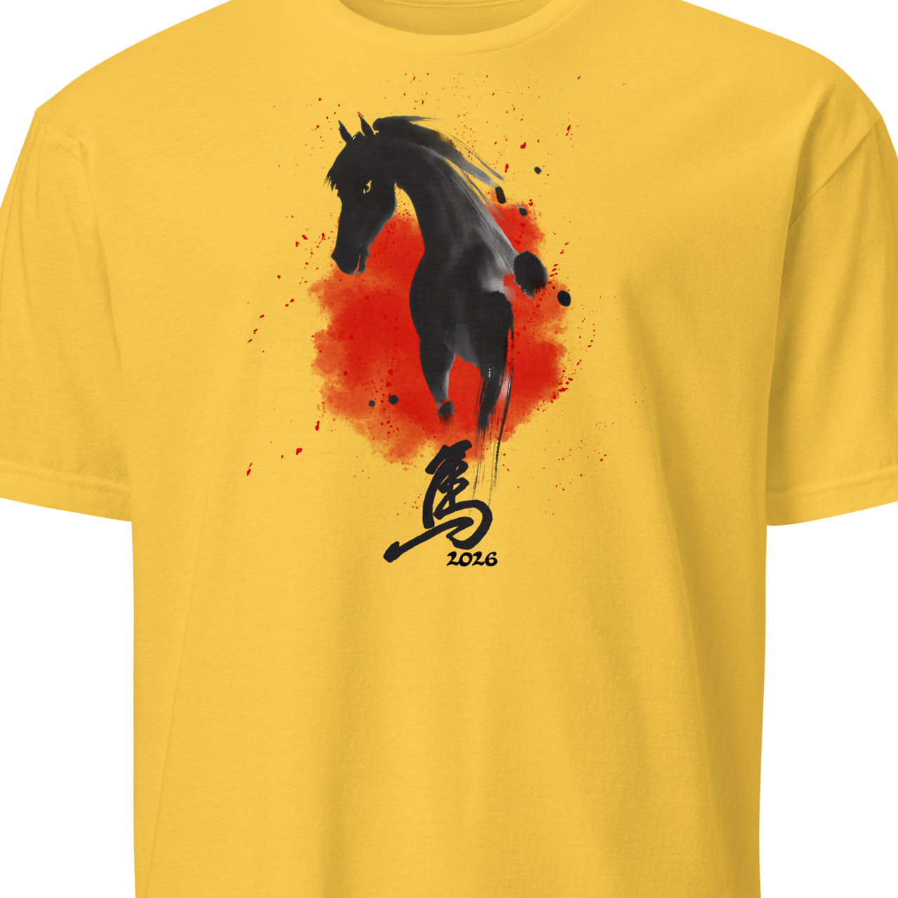 Yellow t-shirt with black horse graphic and red splash 