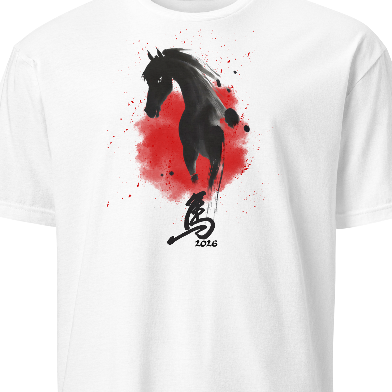 White t-shirt with black horse graphic and red splash on a white background
