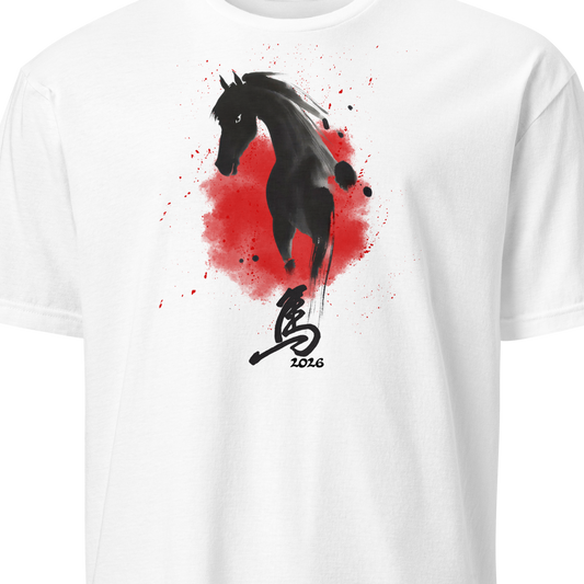 White t-shirt with black horse graphic and red splash on a white background