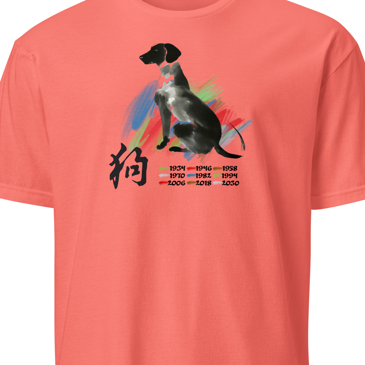 Coral t-shirt with a dog graphic and text 