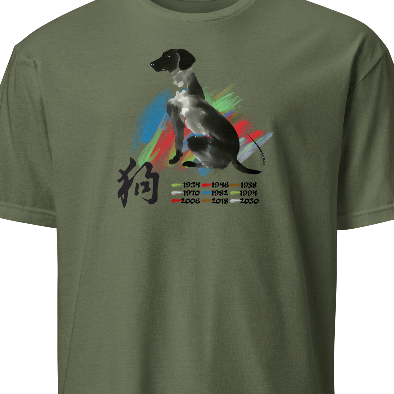 Green t-shirt with a dog graphic and text 