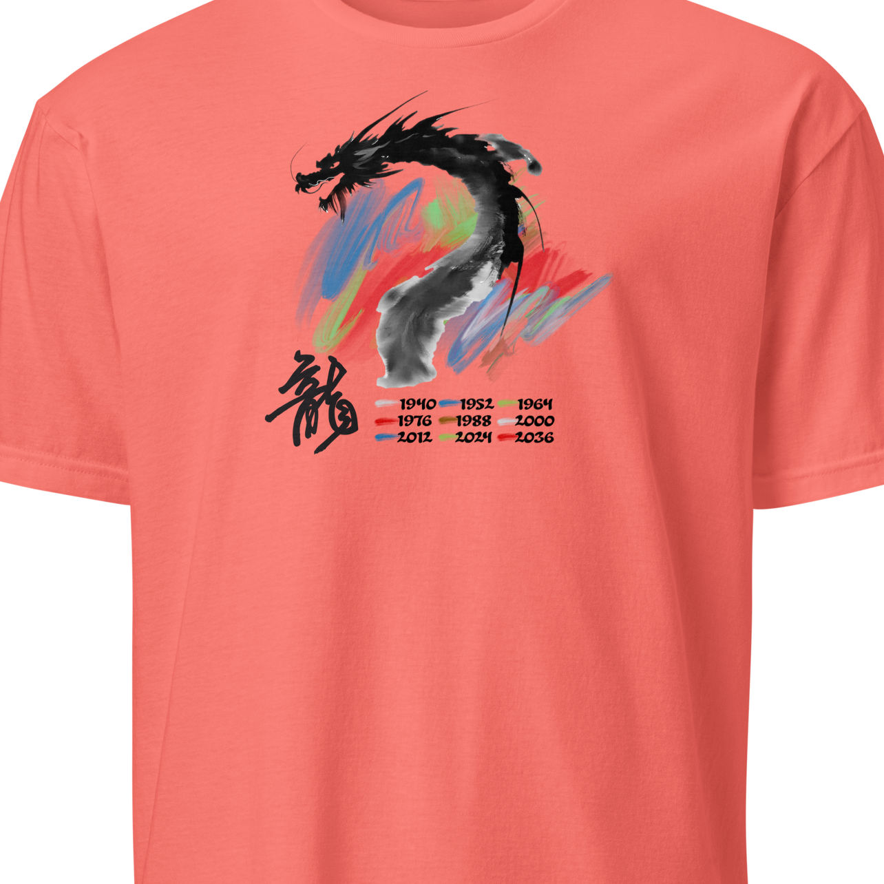 Coral t-shirt with a dragon graphic and text