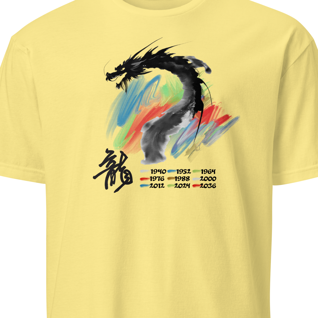 Yellow t-shirt with a dragon design and text 
