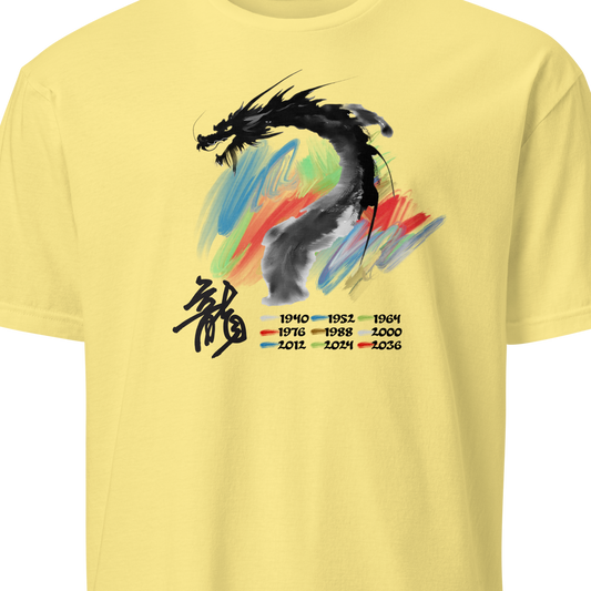 Yellow t-shirt with a dragon design and text 