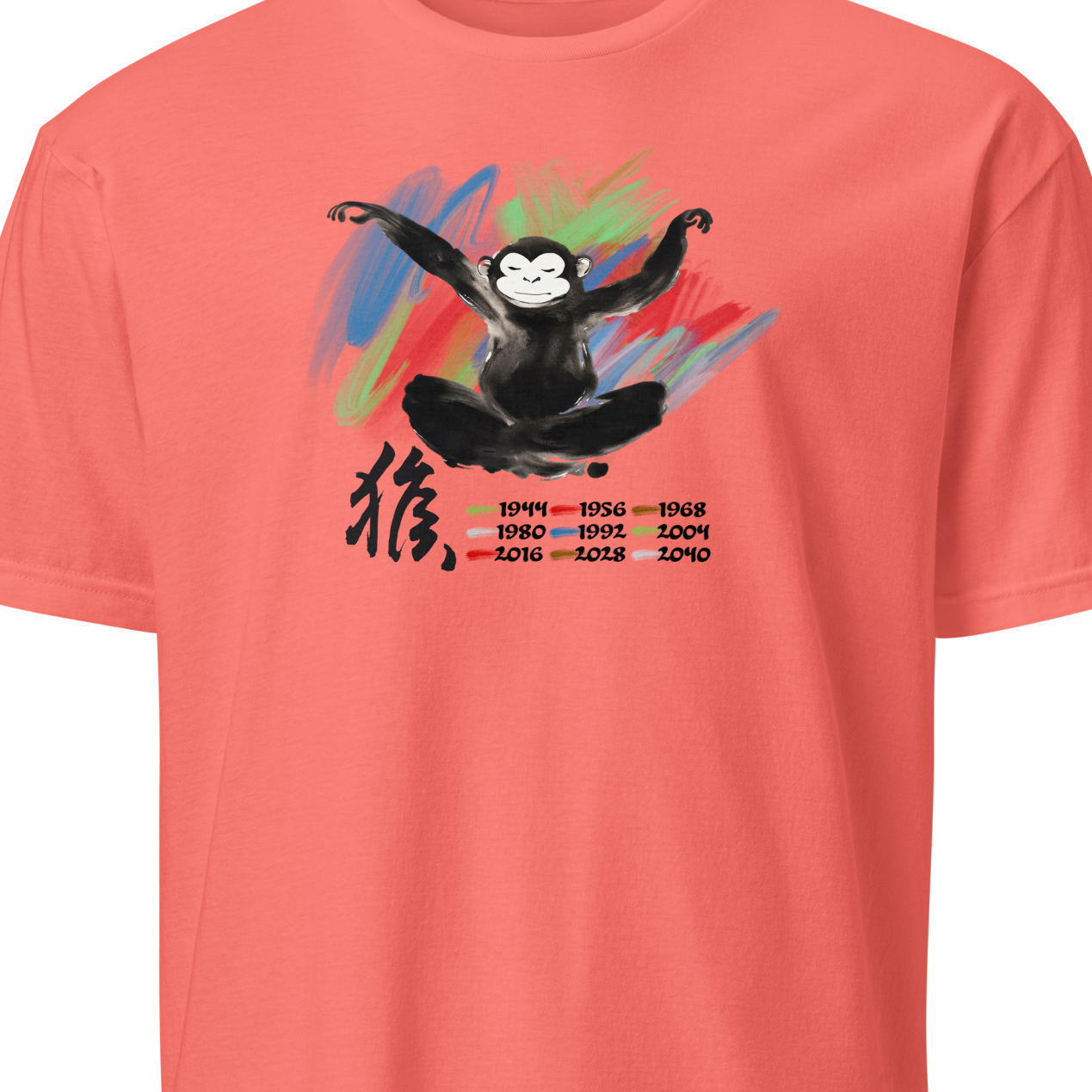 Coral t-shirt with a monkey graphic and text 