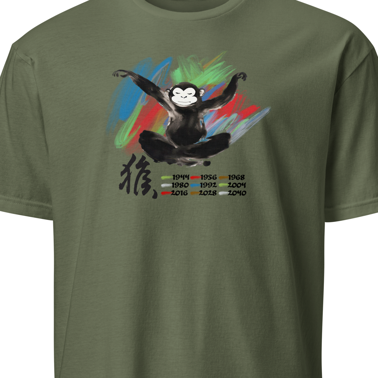 Green t-shirt with a graphic design of a monkey and colorful elements 