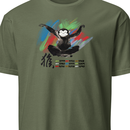 Green t-shirt with a graphic design of a monkey and colorful elements 