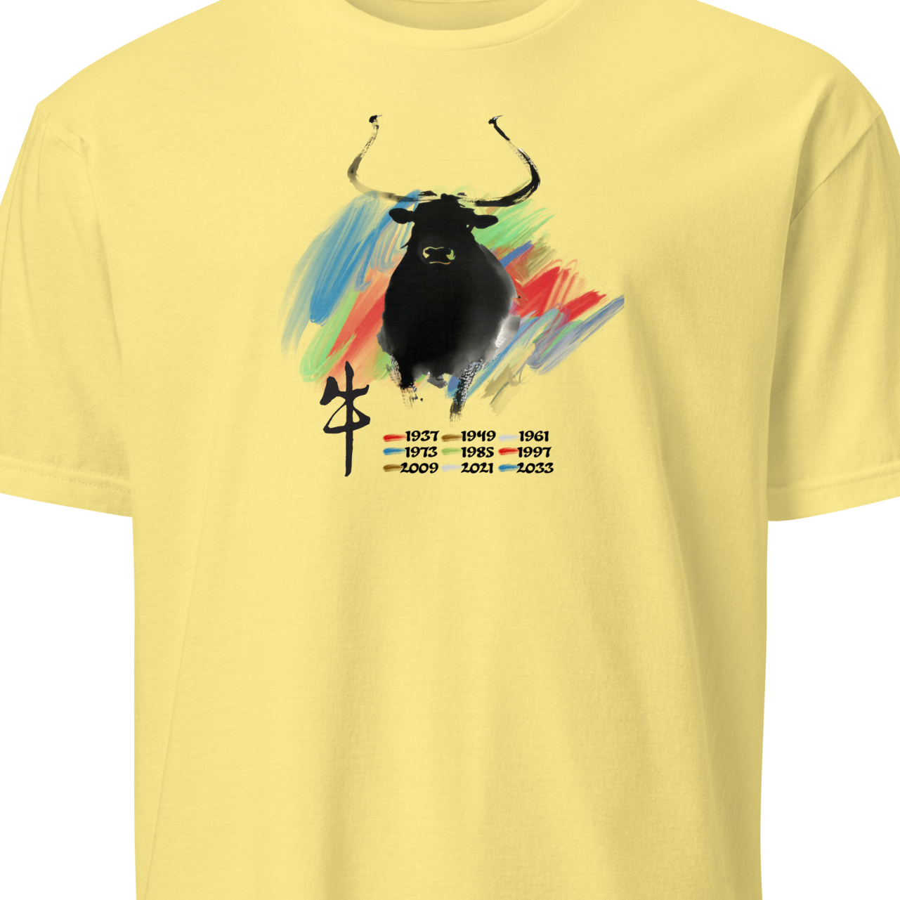 Yellow t-shirt with a colorful bull graphic and text 