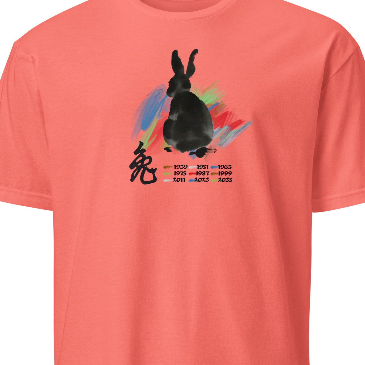Coral t-shirt with a black rabbit graphic and Chinese characters 