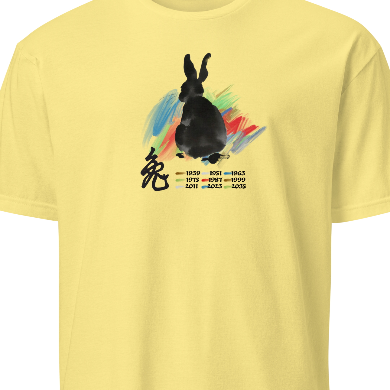Yellow t-shirt with a black rabbit graphic and colorful splash