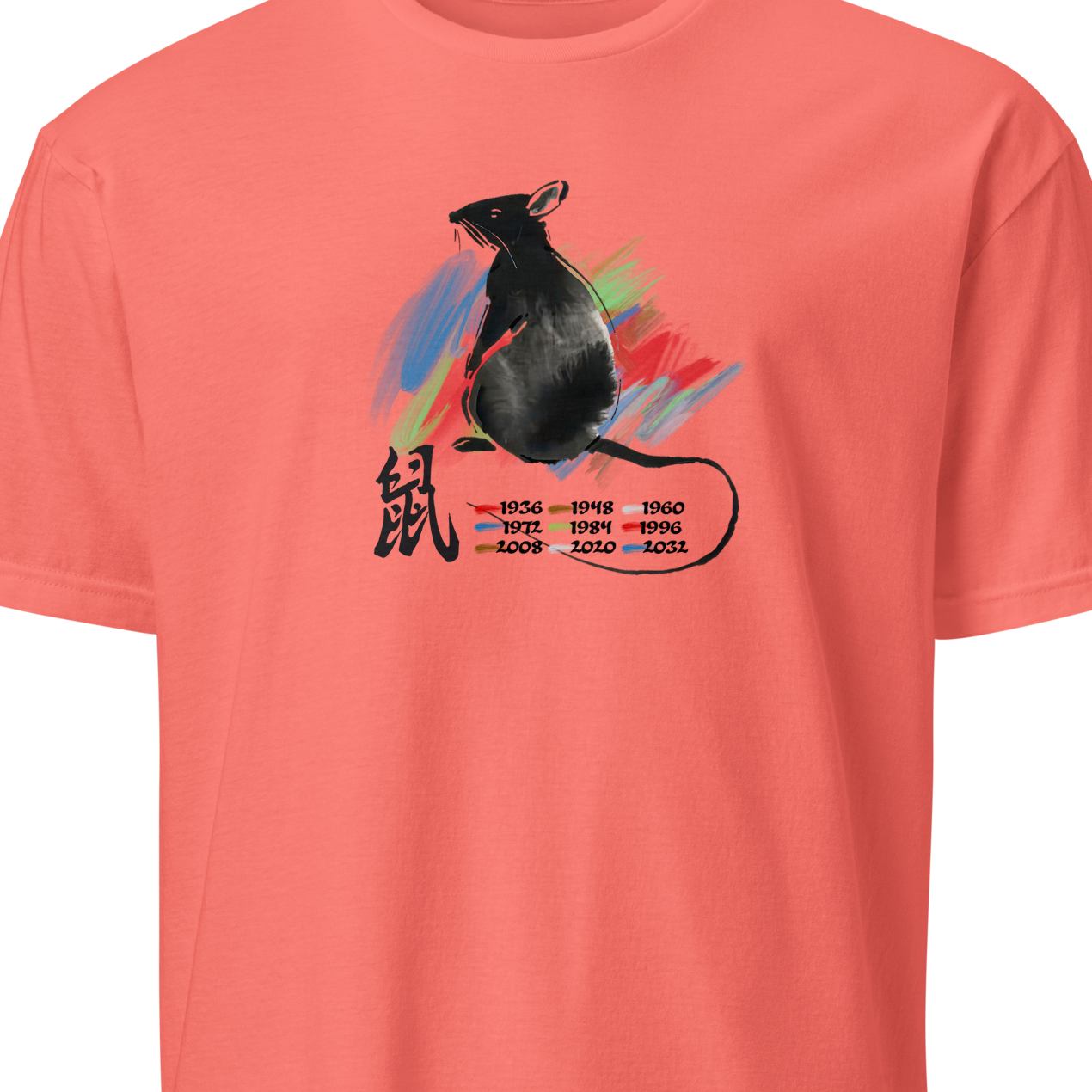 Coral t-shirt with a rat graphic and Chinese characters