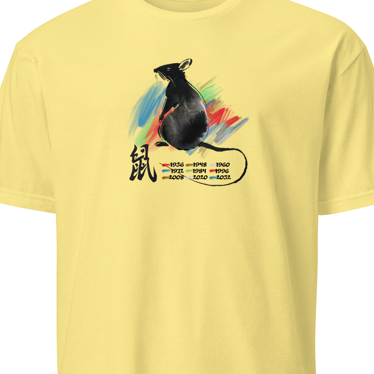 Yellow t-shirt with a black rat illustration and colorful elements 