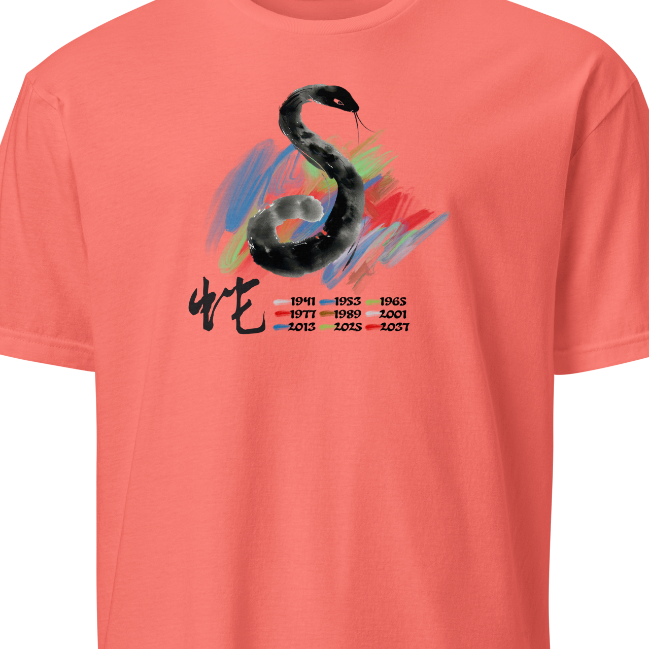 Coral t-shirt with a black snake design and text