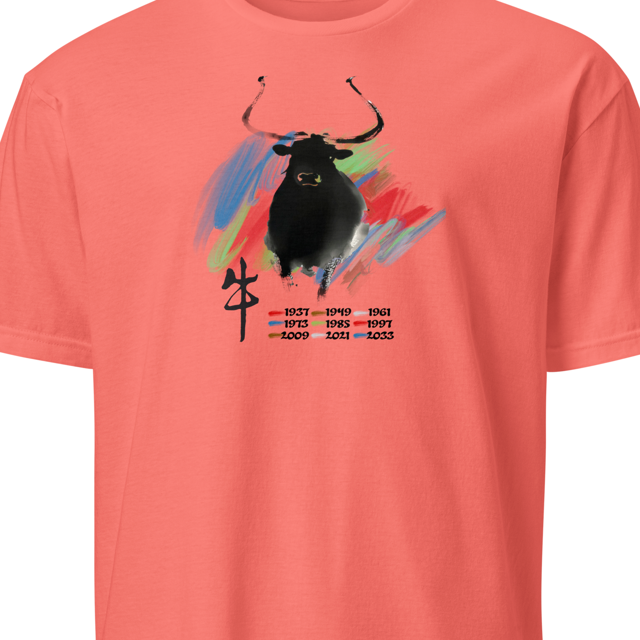 Coral t-shirt with a black bull graphic and colorful design