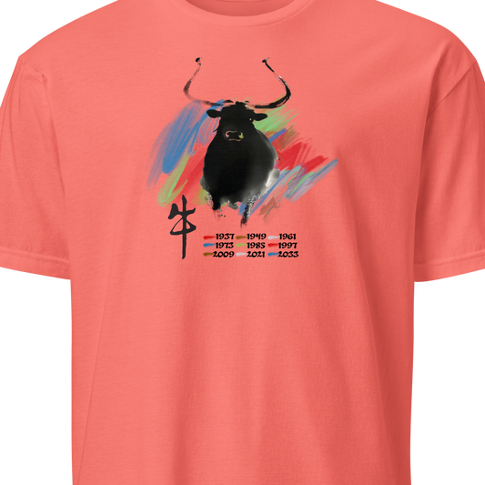 Coral t-shirt with a black bull graphic and colorful design