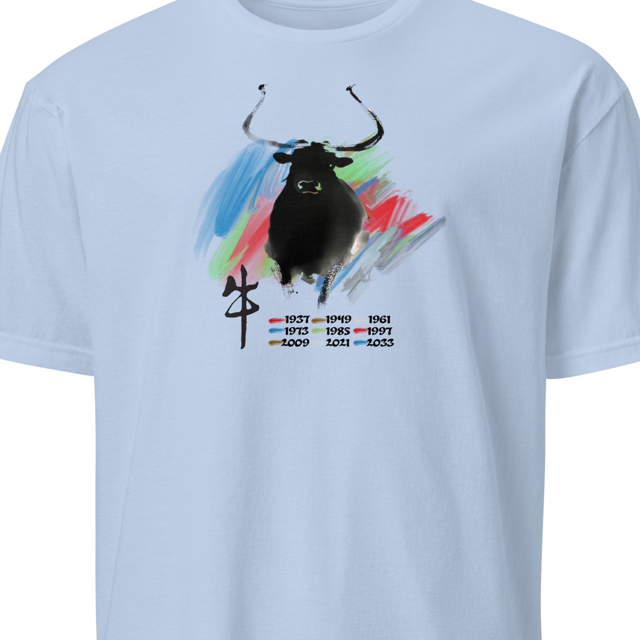 Light blue t-shirt with a black bull graphic and colorful design 