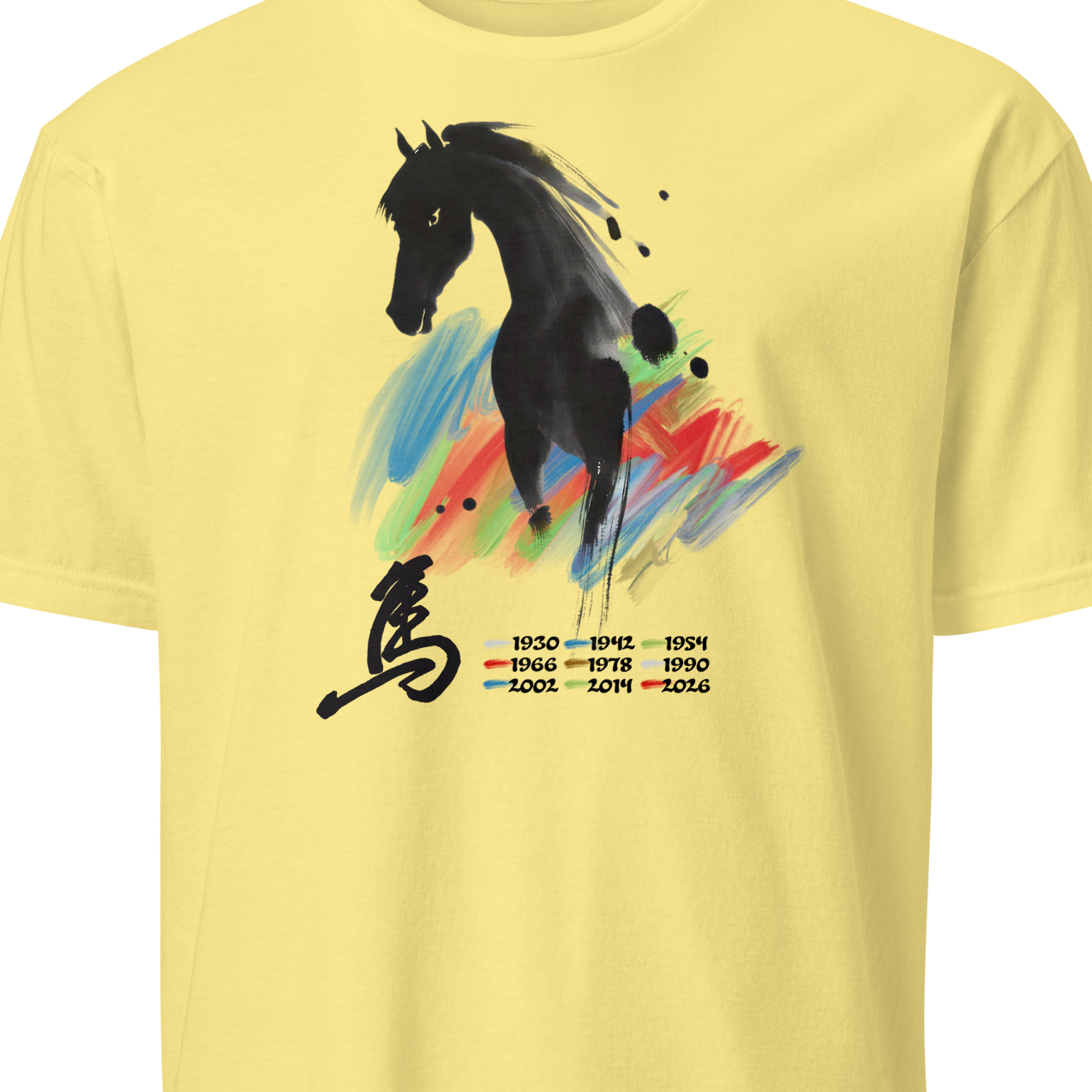 Yellow t-shirt with a black horse graphic and colorful design