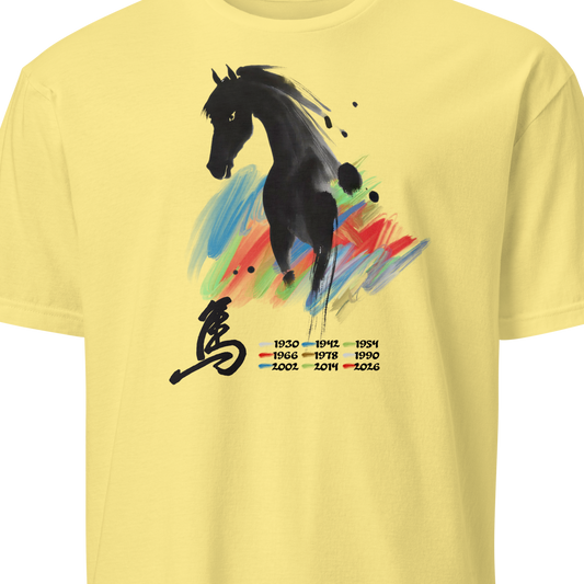 Yellow t-shirt with a black horse graphic and colorful design