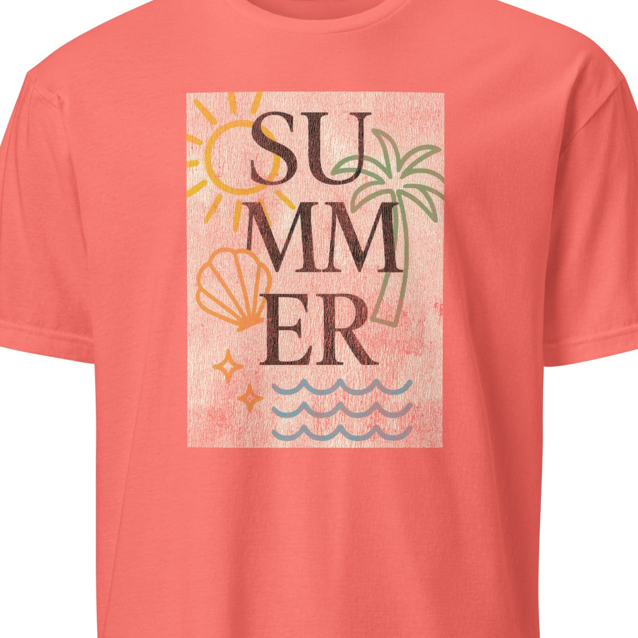 Coral t-shirt with 'Summer' graphic design