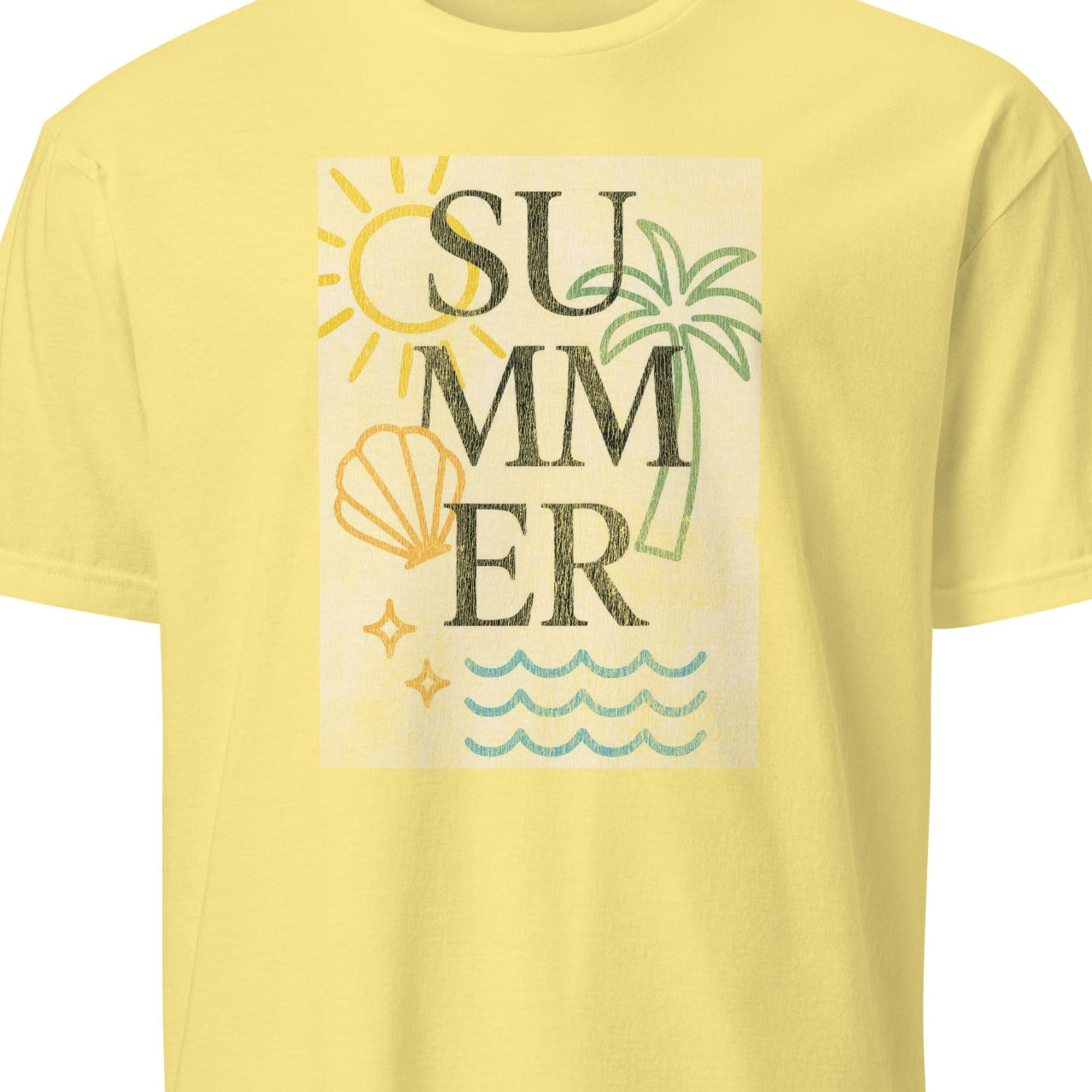 Yellow t-shirt with 'Summer' graphic design
