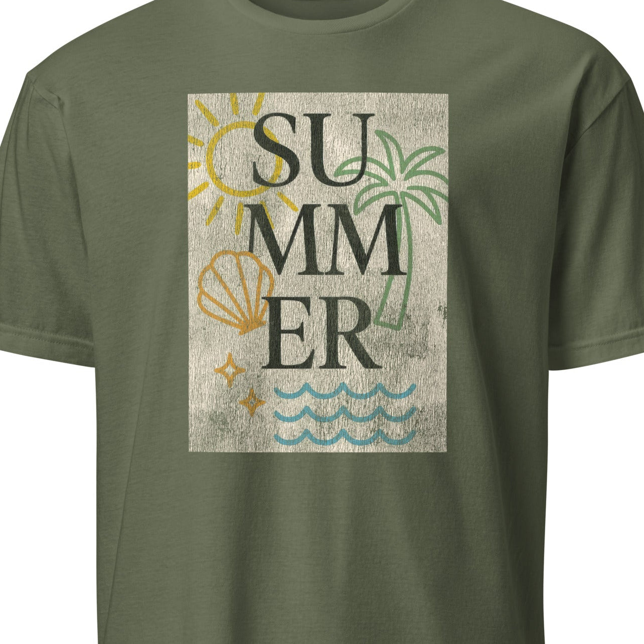 Green t-shirt with beachy design and 'Summer' text 
