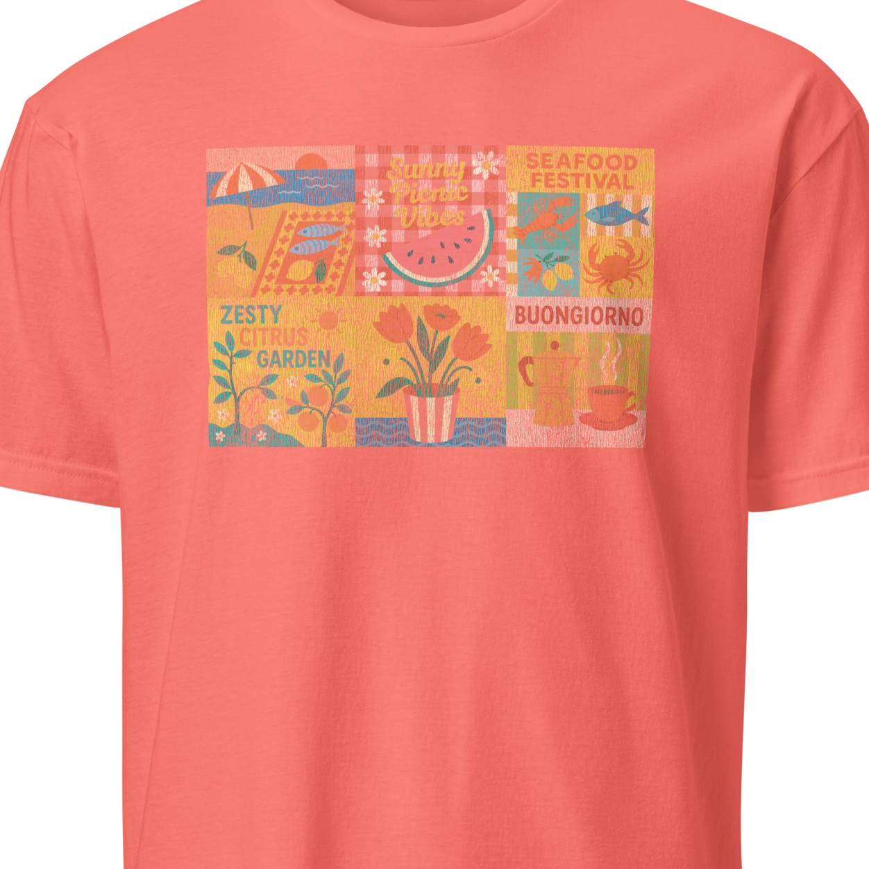 Coral t-shirt with a colorful graphic