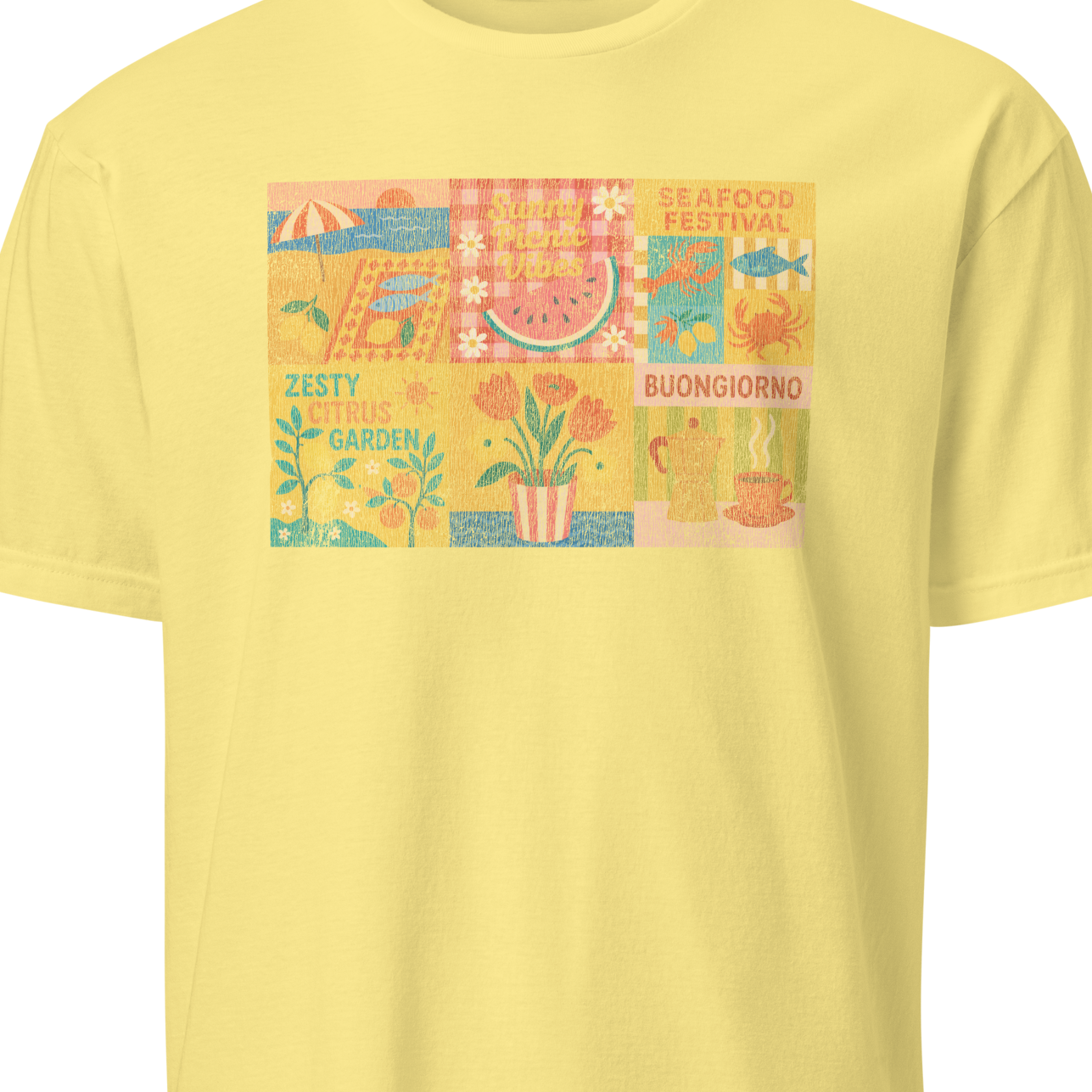 Yellow t-shirt with a colorful graphic 