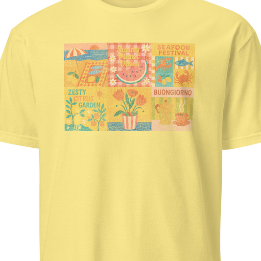 Yellow t-shirt with a colorful graphic 