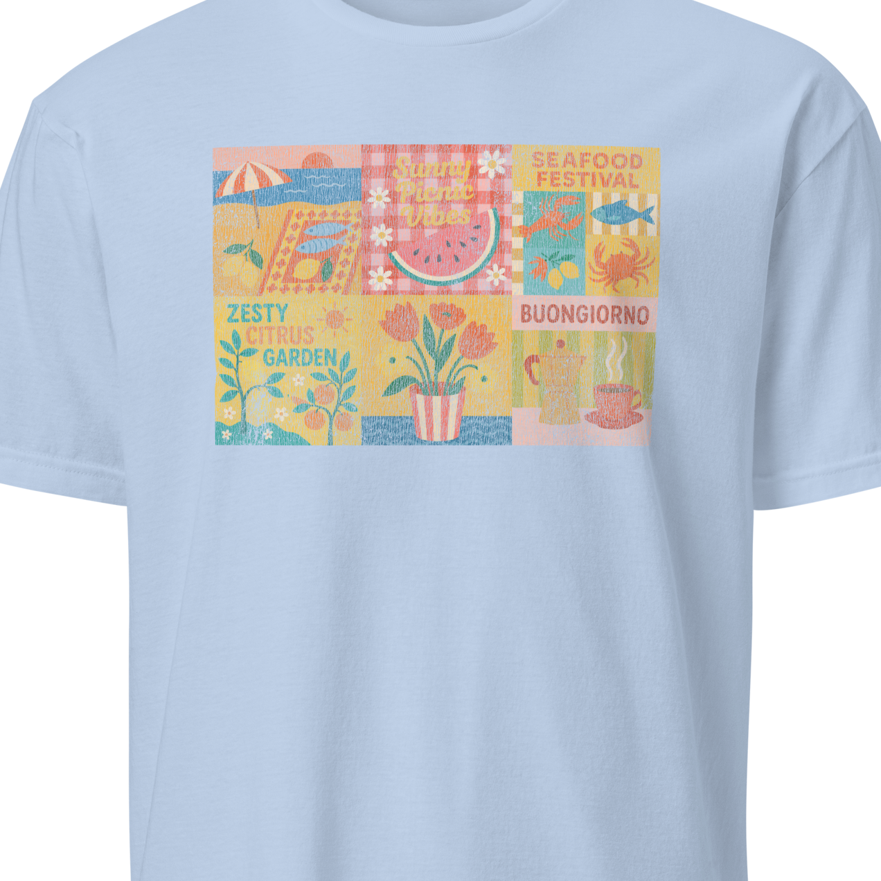 Light blue t-shirt with colorful graphic 