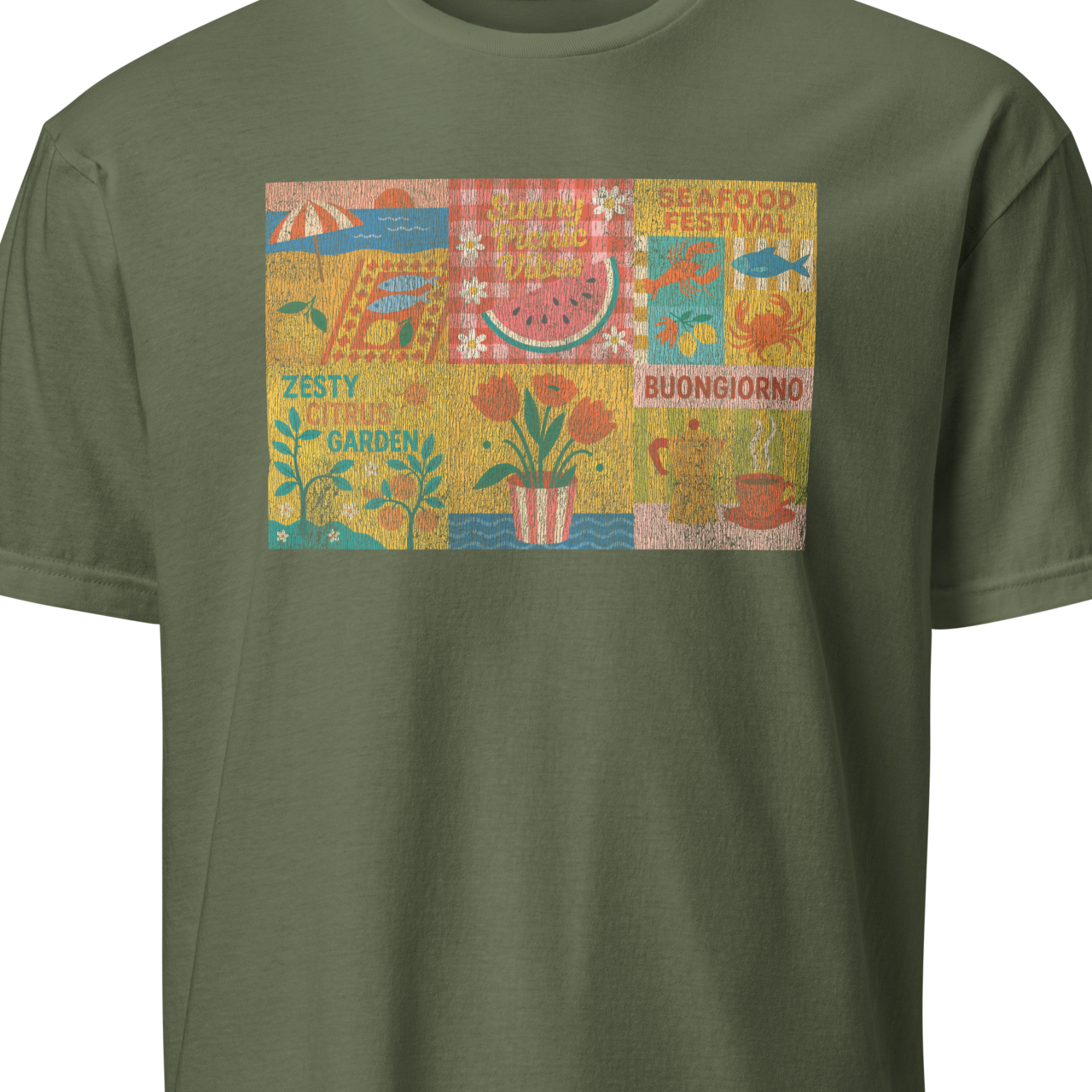 Green t-shirt with colorful graphic 