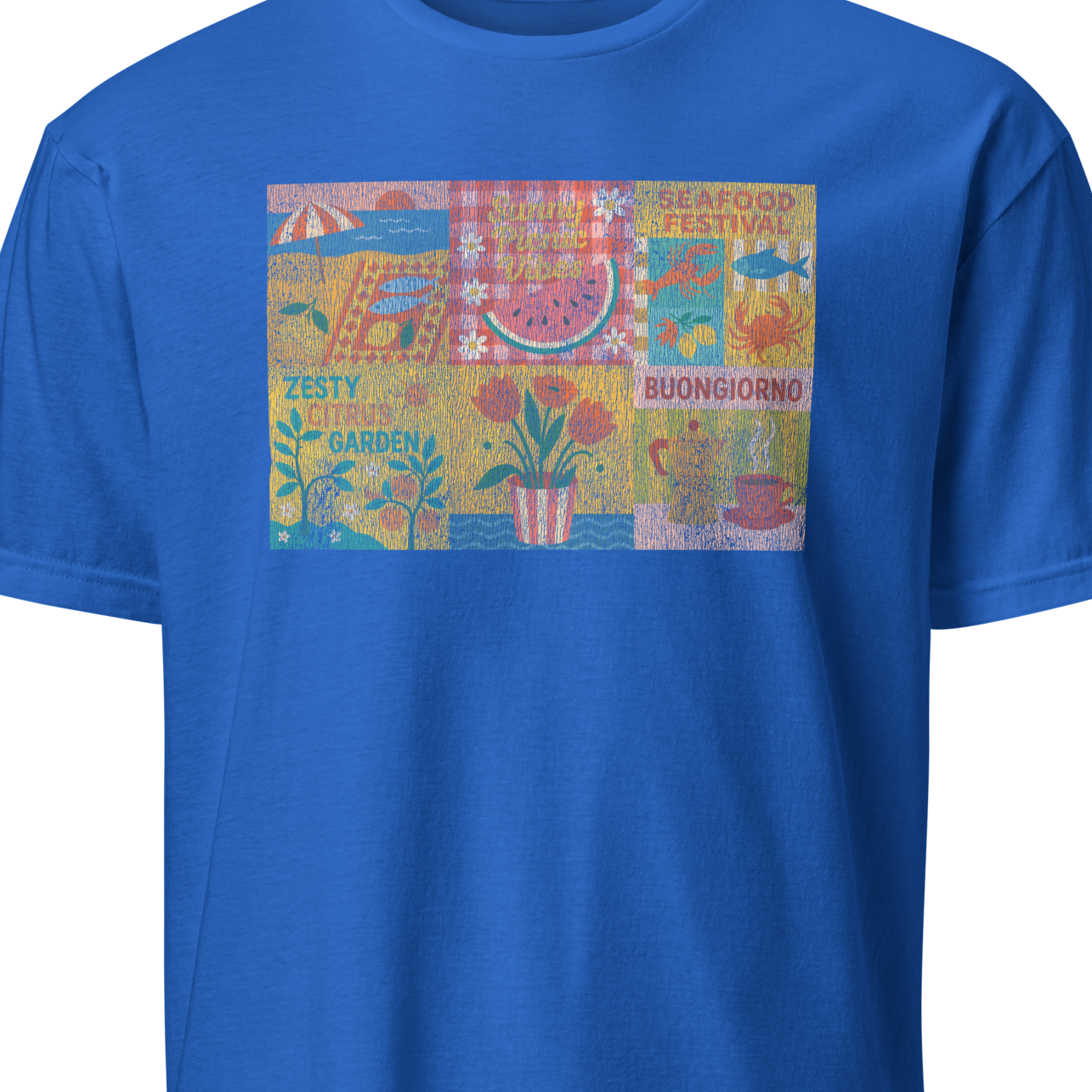 Blue t-shirt with a colorful graphic