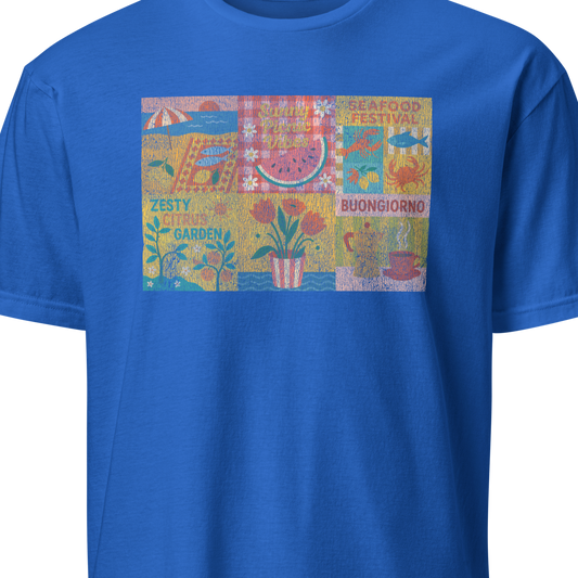 Blue t-shirt with a colorful graphic