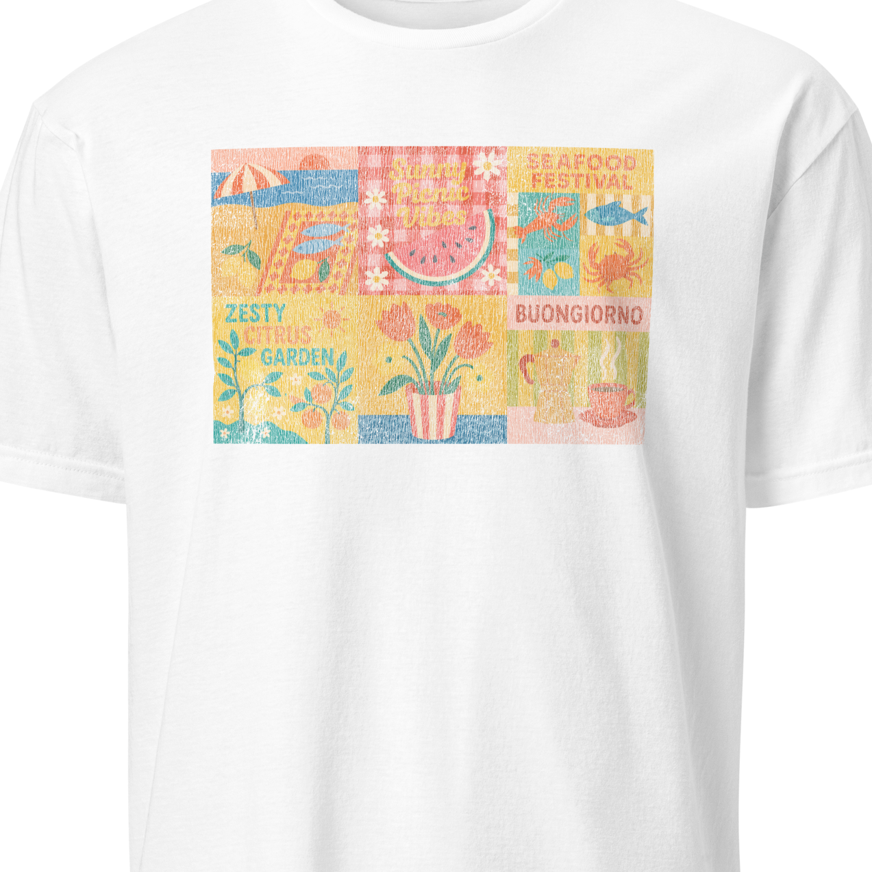 White t-shirt with colorful graphic design 