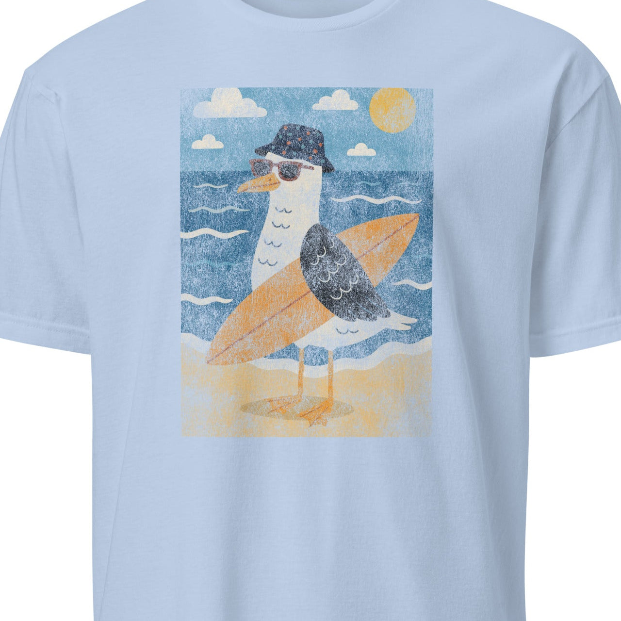 Light blue t-shirt with a graphic of a bird wearing a hat 