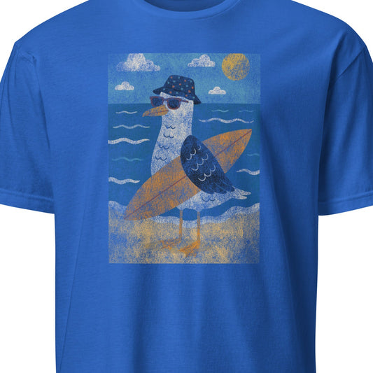 Blue t-shirt with a graphic of a seagull holding a surfboard 